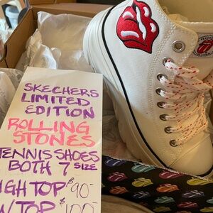 Skechers White and Red Limited Edition Rolling Stones high top sneakers. Size 7
